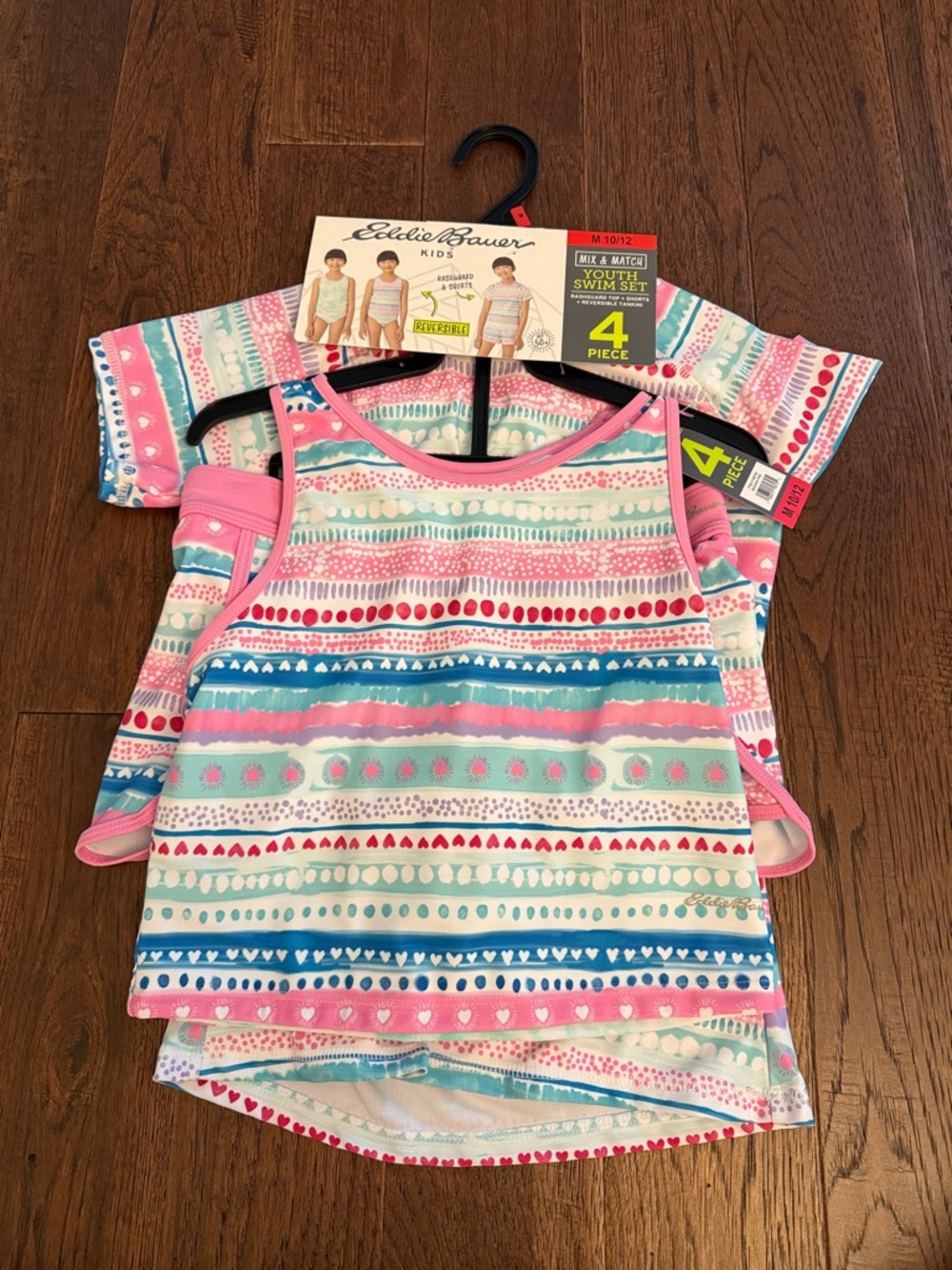 NWT Eddie Bauer Pink and Teal Striped Girls Swimsuit (4 piece) Size 10/12